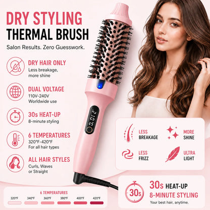 Dual Voltage Ionic Thermal Brush for Curling and Straightening 6 Temperature Settings & LED Digital Display Hot Air Styler